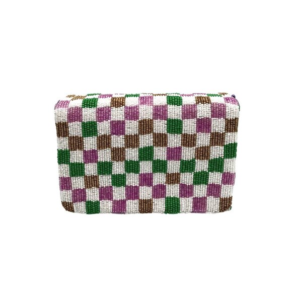 Moyna Purple Beaded Mardi Gras Checkered Crossbody Bag - Picture 1 of 11